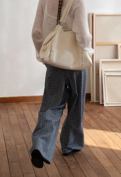 Wide Leg Plaid Casual Pants with Elastic Waist