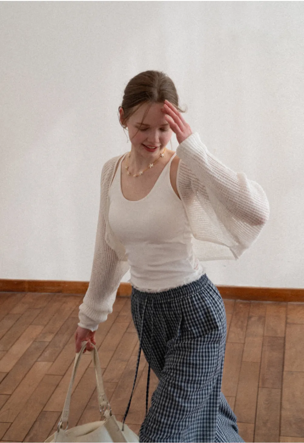 Wide Leg Plaid Casual Pants with Elastic Waist