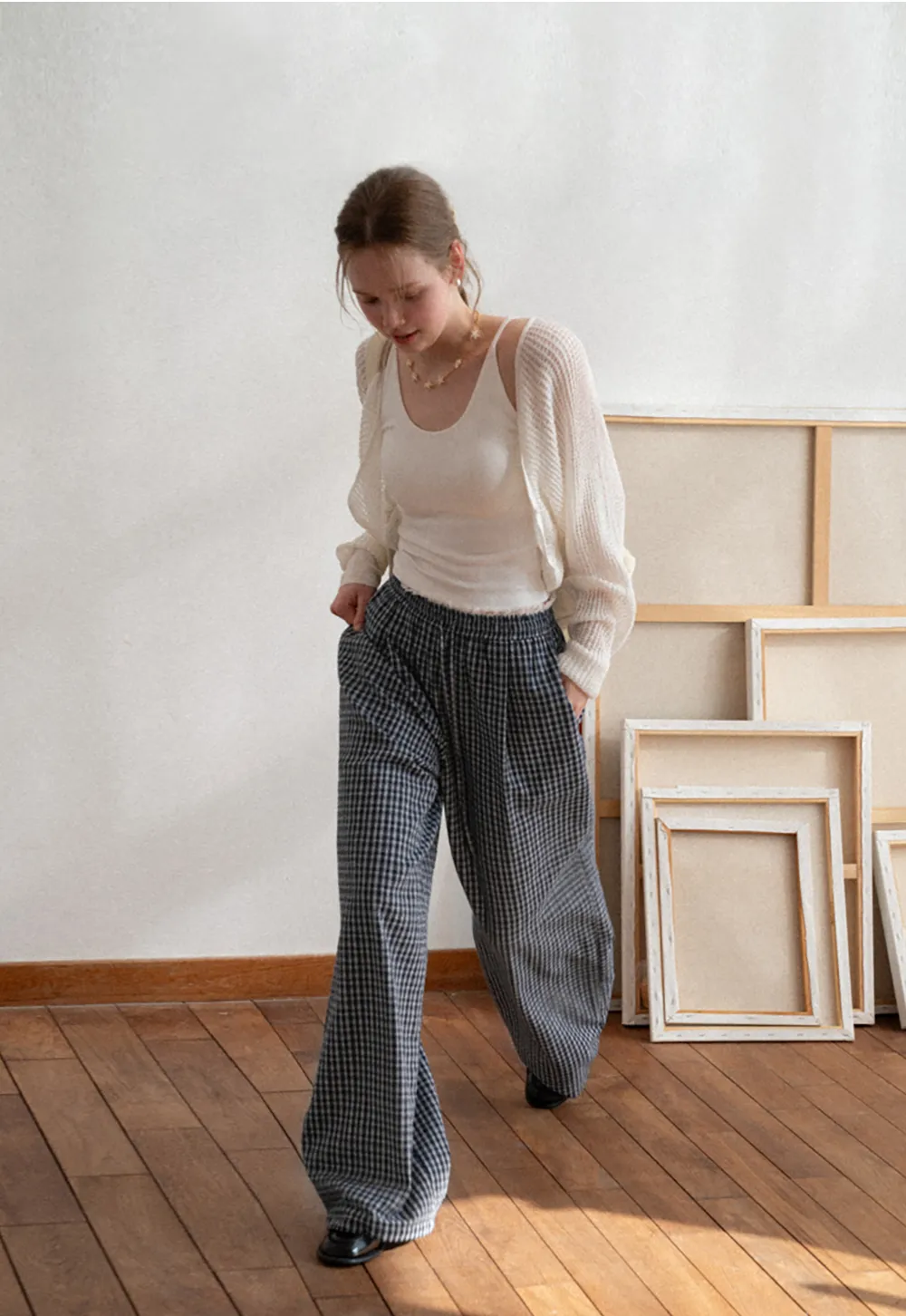 Wide Leg Plaid Casual Pants with Elastic Waist
