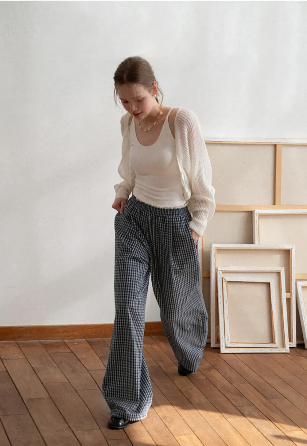 Wide Leg Plaid Casual Pants with Elastic Waist