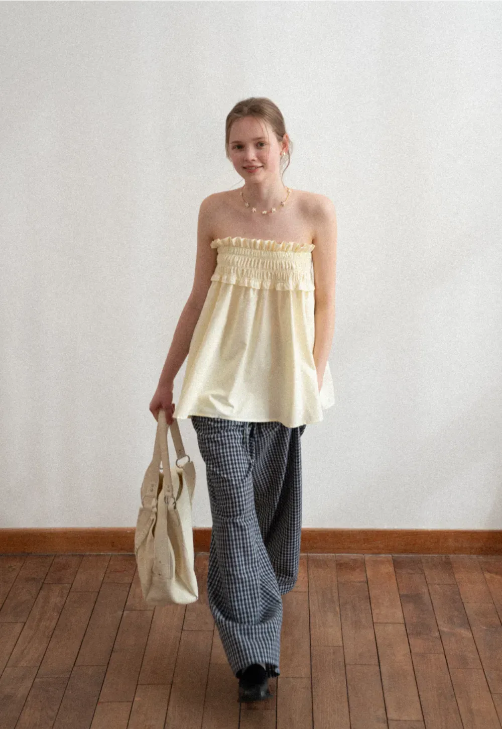 Wide Leg Plaid Casual Pants with Elastic Waist