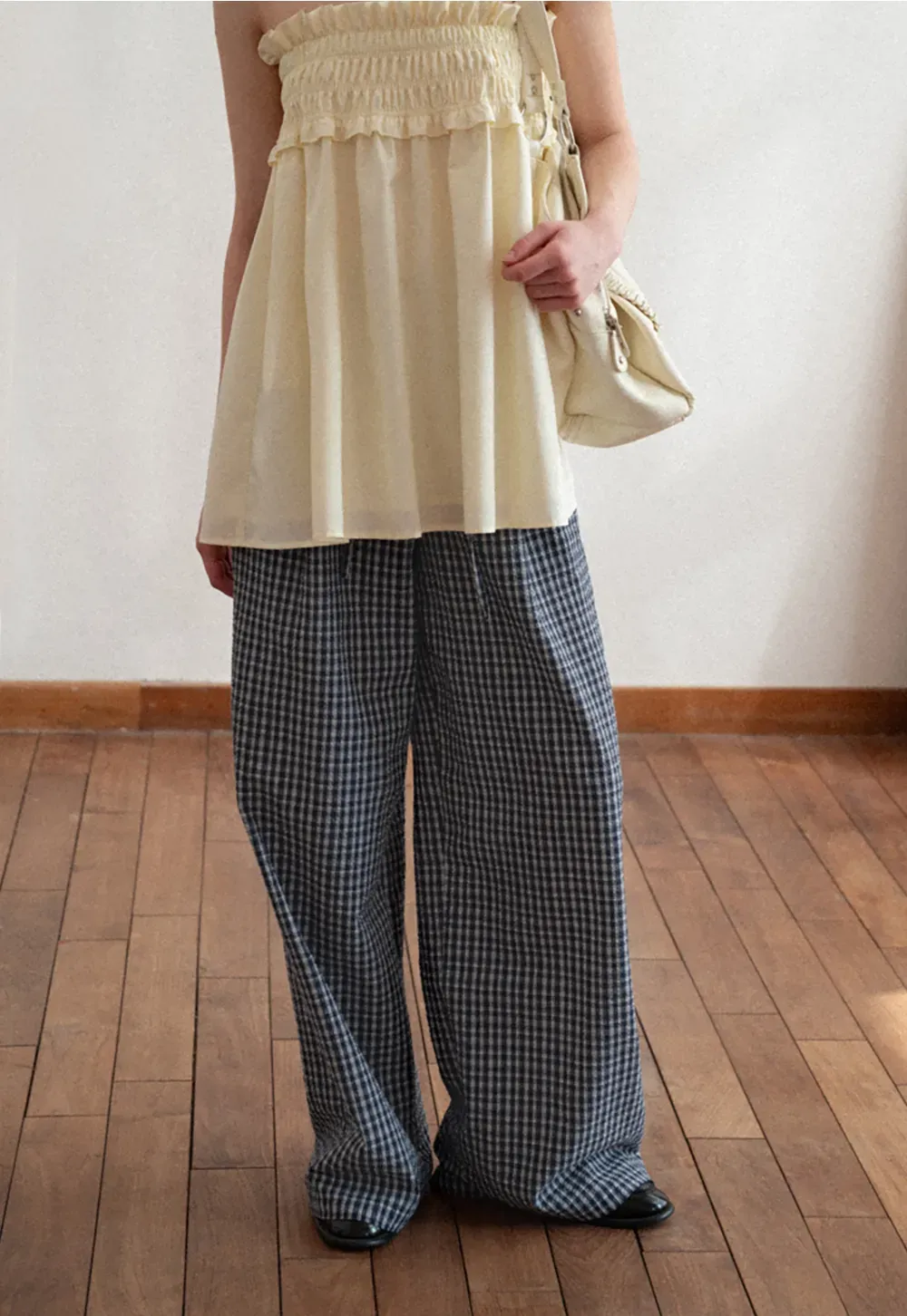 Wide Leg Plaid Casual Pants with Elastic Waist