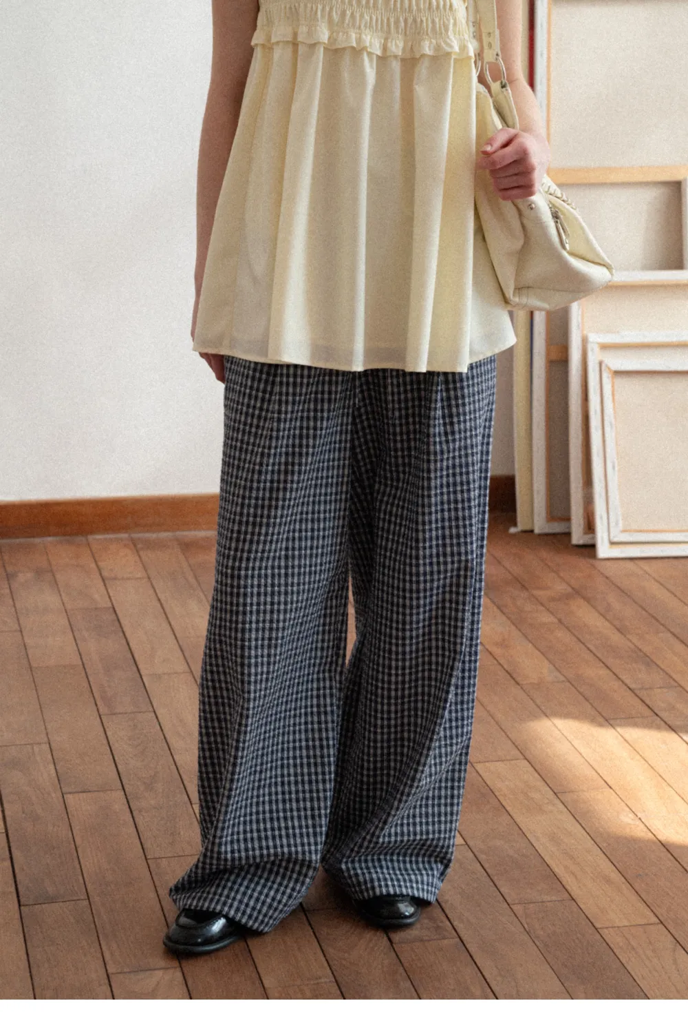 Wide Leg Plaid Casual Pants with Elastic Waist
