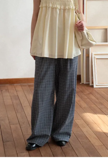 Wide Leg Plaid Casual Pants with Elastic Waist