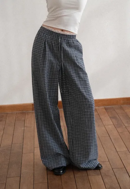 Wide Leg Plaid Casual Pants with Elastic Waist