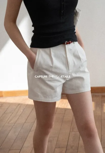 High waist pleated casual shorts with belt loop