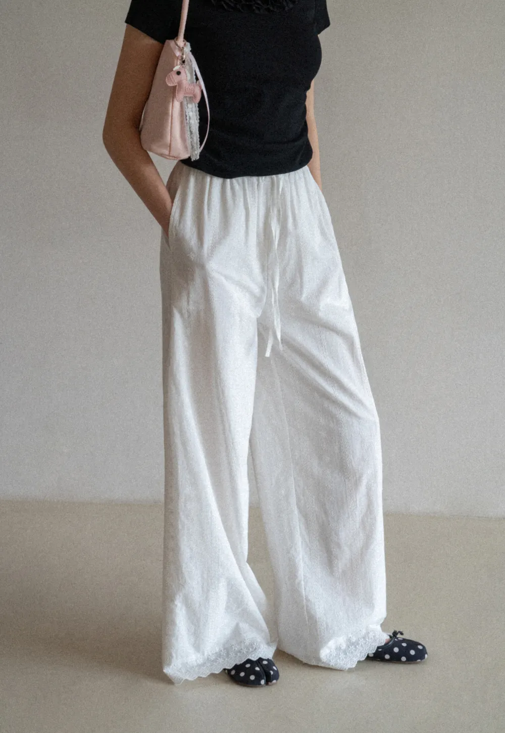 Wide Leg Drawstring Casual Pants with Lace Hem