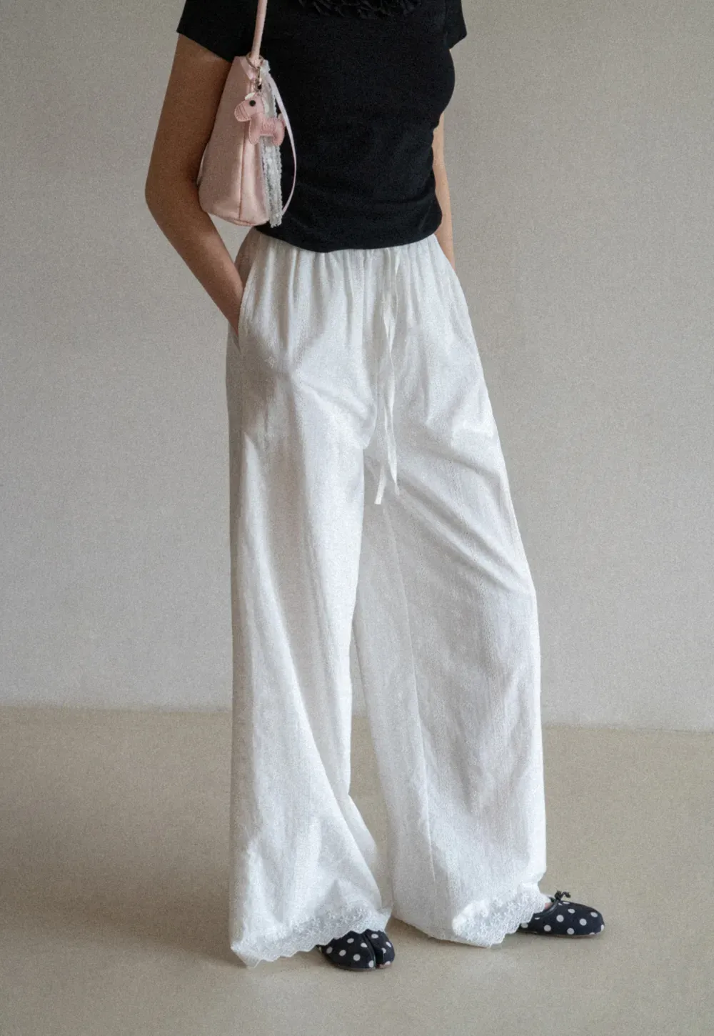 Wide Leg Drawstring Casual Pants with Lace Hem