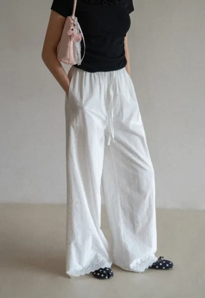 Wide Leg Drawstring Casual Pants with Lace Hem