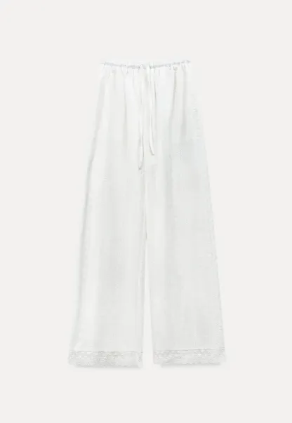 Wide Leg Drawstring Casual Pants with Lace Hem