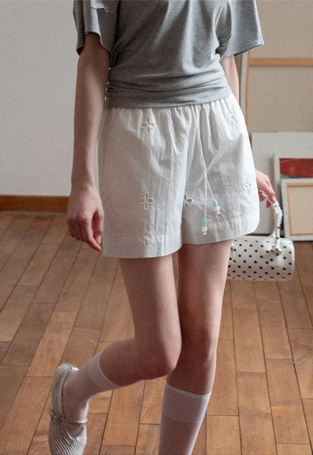 Embroidered Shorts with Drawstring Waist