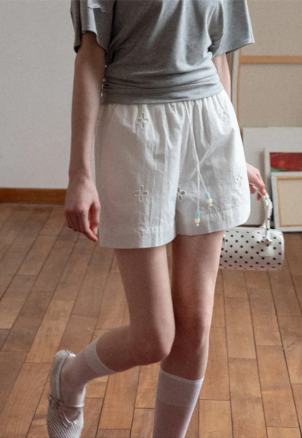 Embroidered Shorts with Drawstring Waist