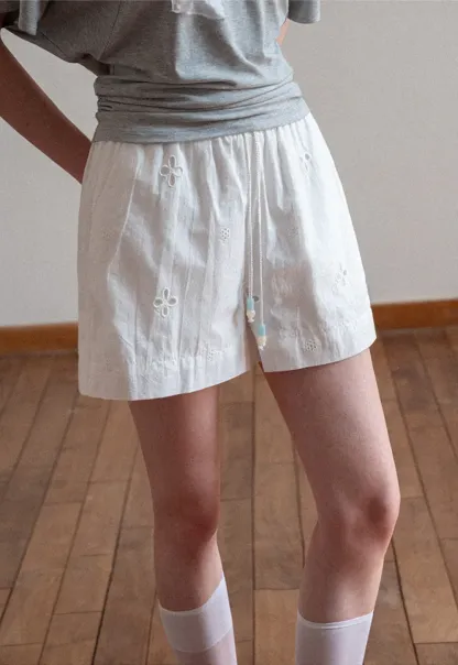 Embroidered Shorts with Drawstring Waist