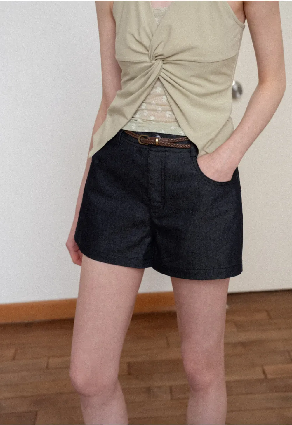 Braided Belt Detail High Waist Shorts