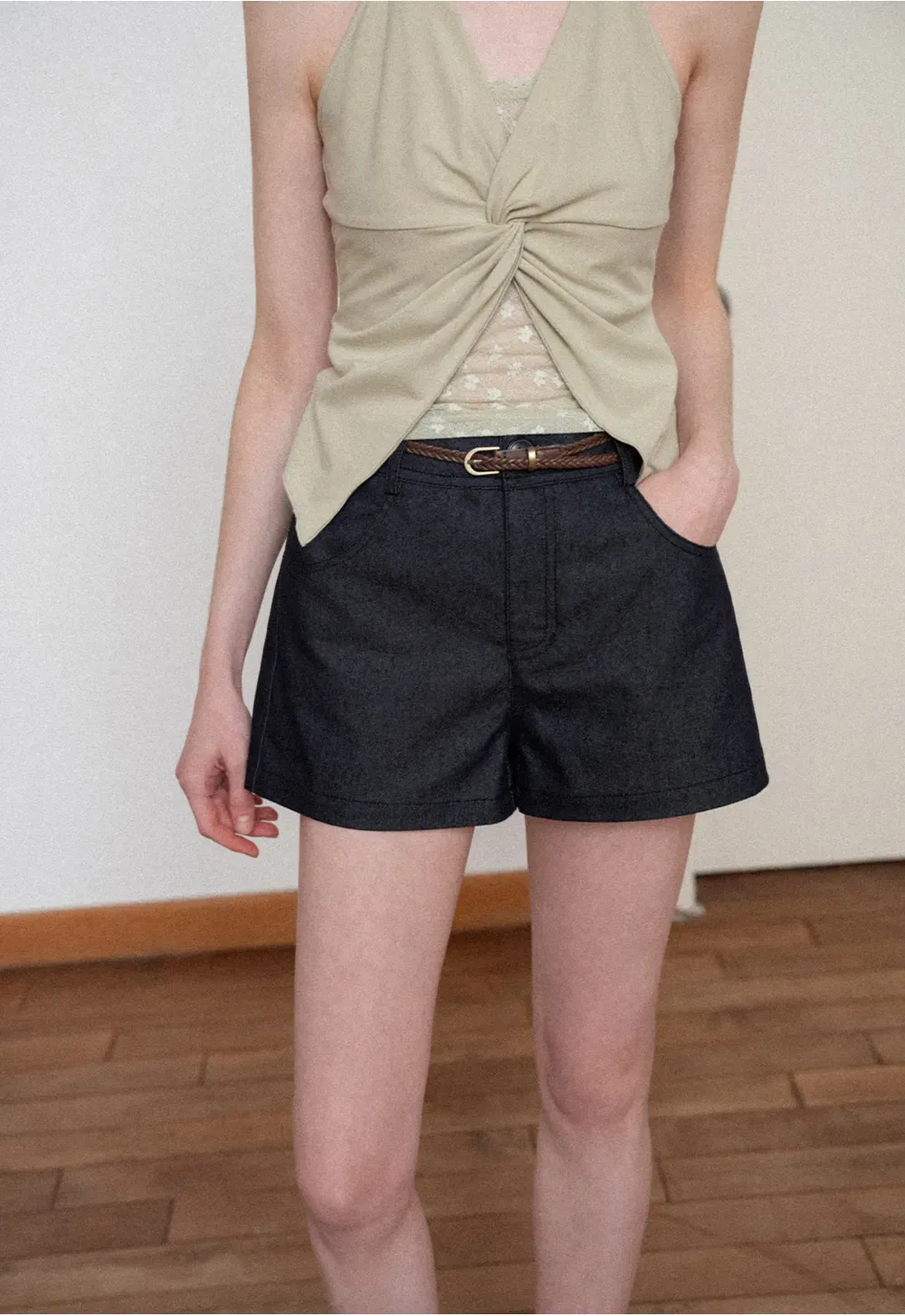 Braided Belt Detail High Waist Shorts