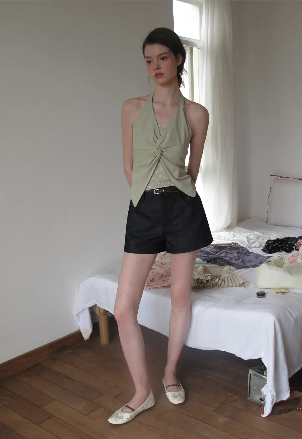 Braided Belt Detail High Waist Shorts