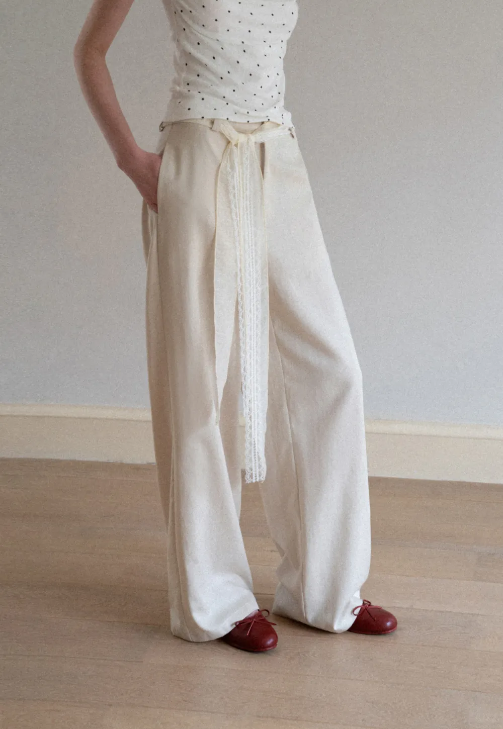 Lace Trim High Waist Wide Leg Casual Pants