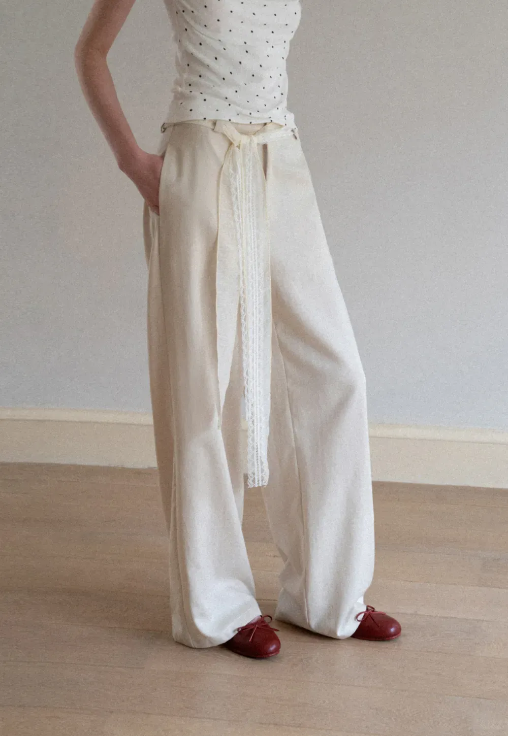 Lace Trim High Waist Wide Leg Casual Pants