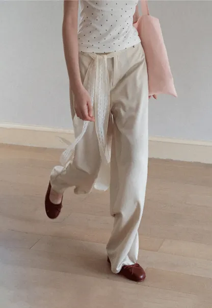 Lace Trim High Waist Wide Leg Casual Pants