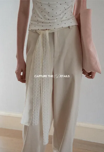 Lace Trim High Waist Wide Leg Casual Pants