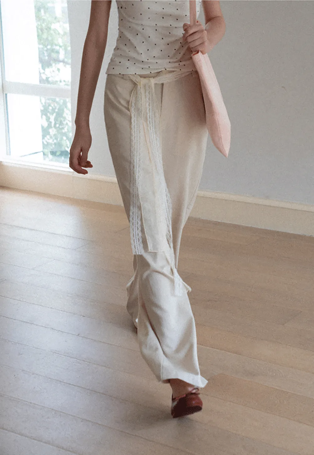 Lace Trim High Waist Wide Leg Casual Pants