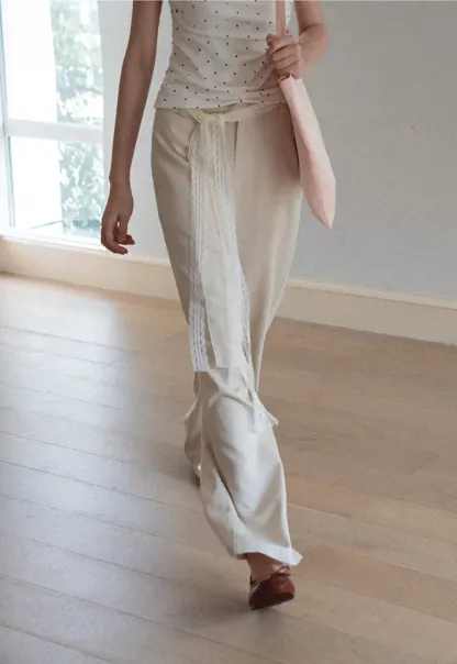 Lace Trim High Waist Wide Leg Casual Pants