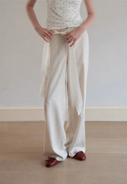 Lace Trim High Waist Wide Leg Casual Pants