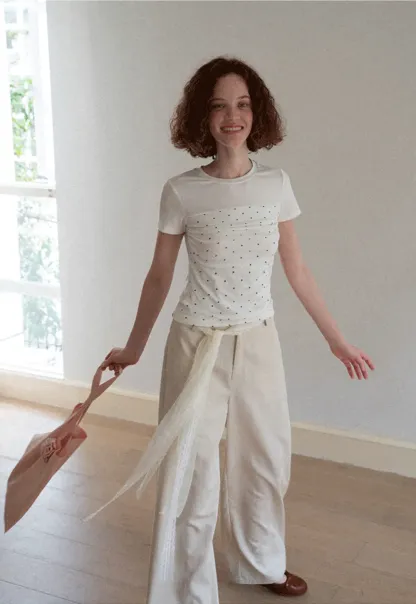 Lace Trim High Waist Wide Leg Casual Pants