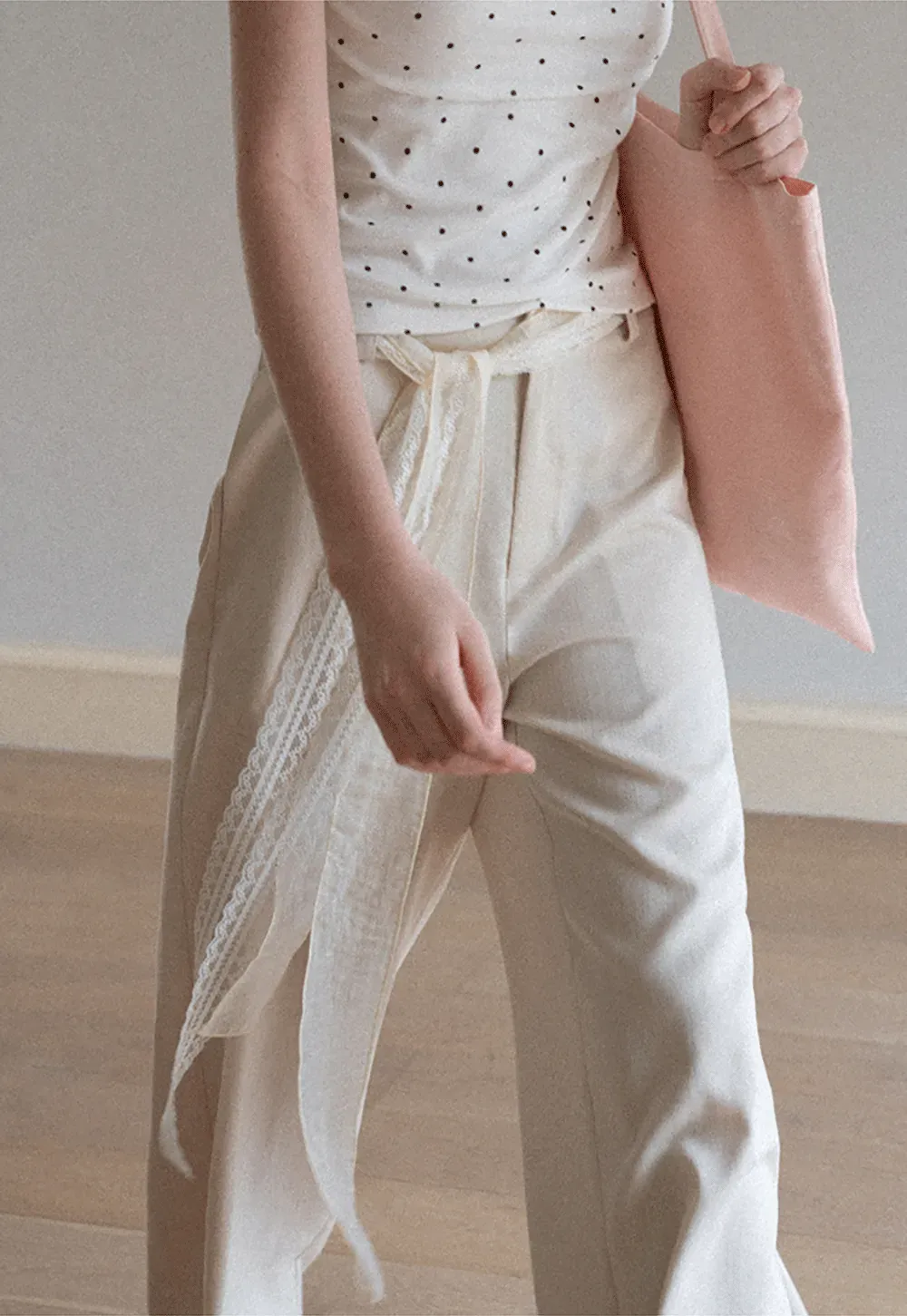 Lace Trim High Waist Wide Leg Casual Pants