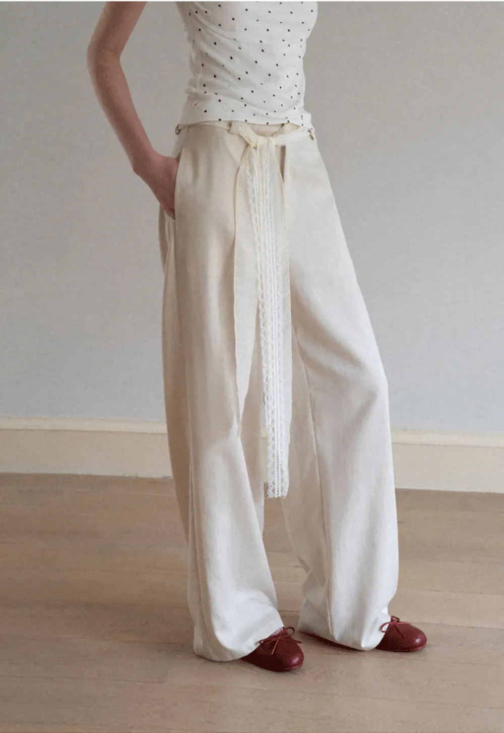 Lace Trim High Waist Wide Leg Casual Pants