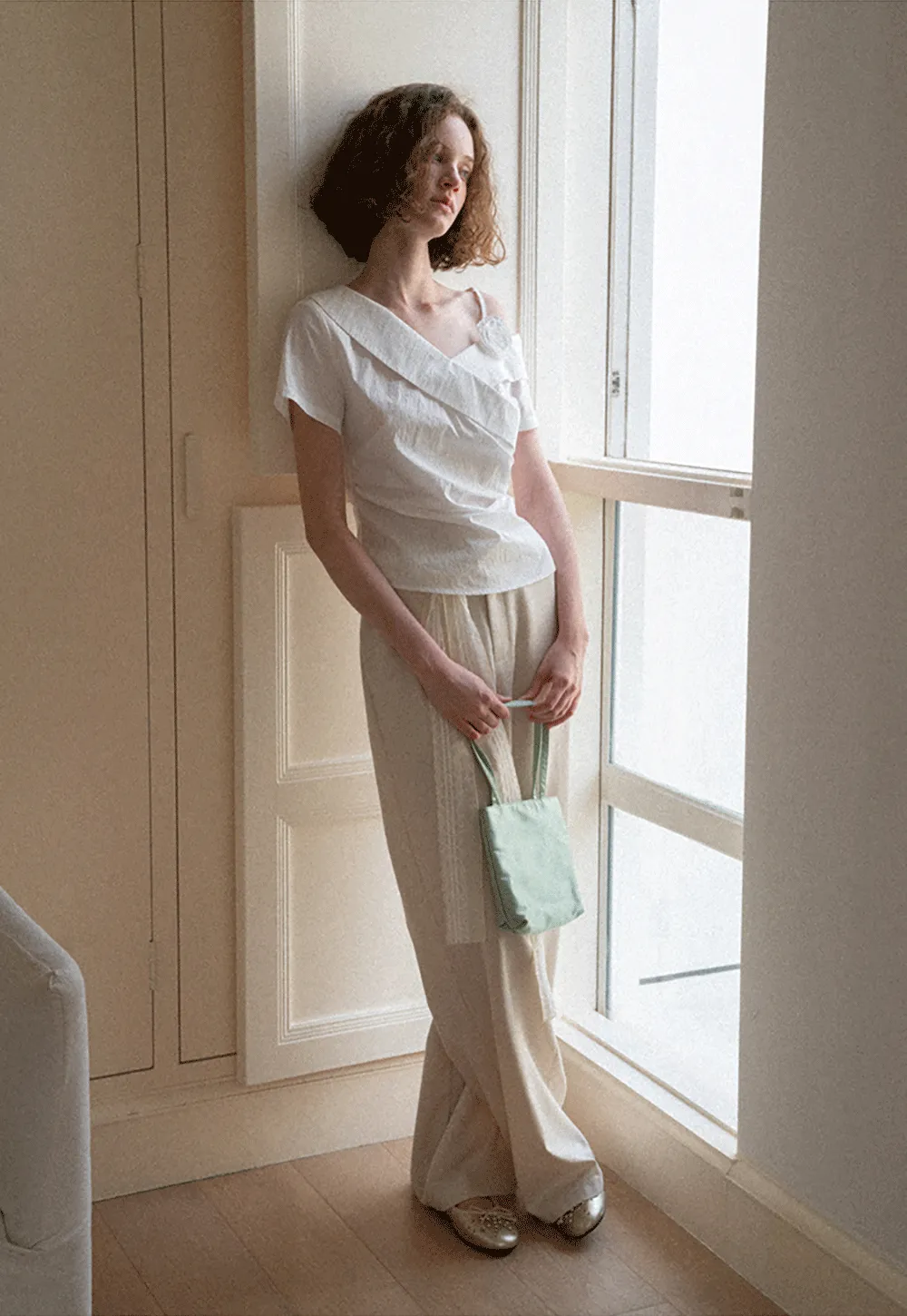 Lace Trim High Waist Wide Leg Casual Pants