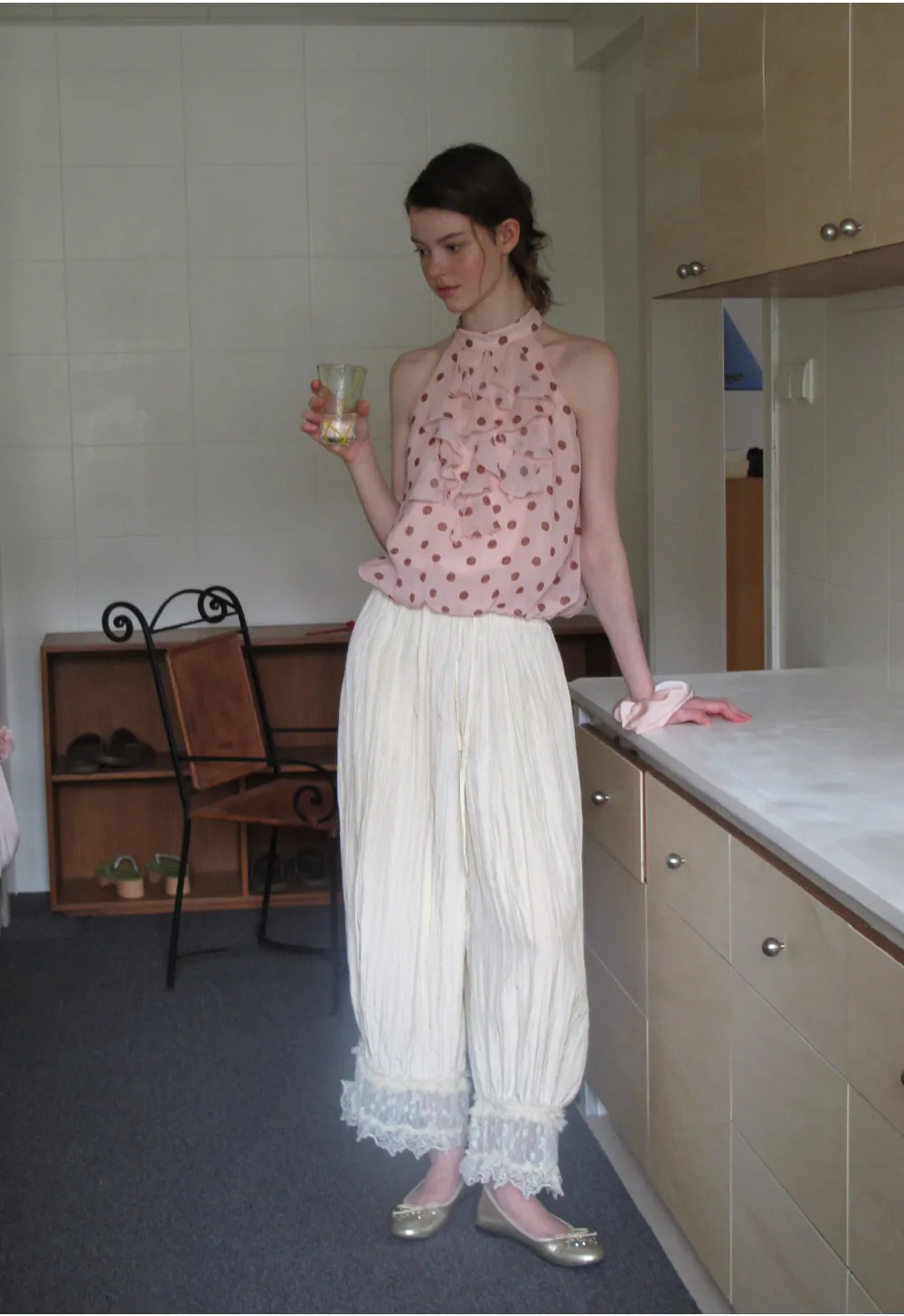 Lace Trimmed Pleated Wide Leg Casual Pants