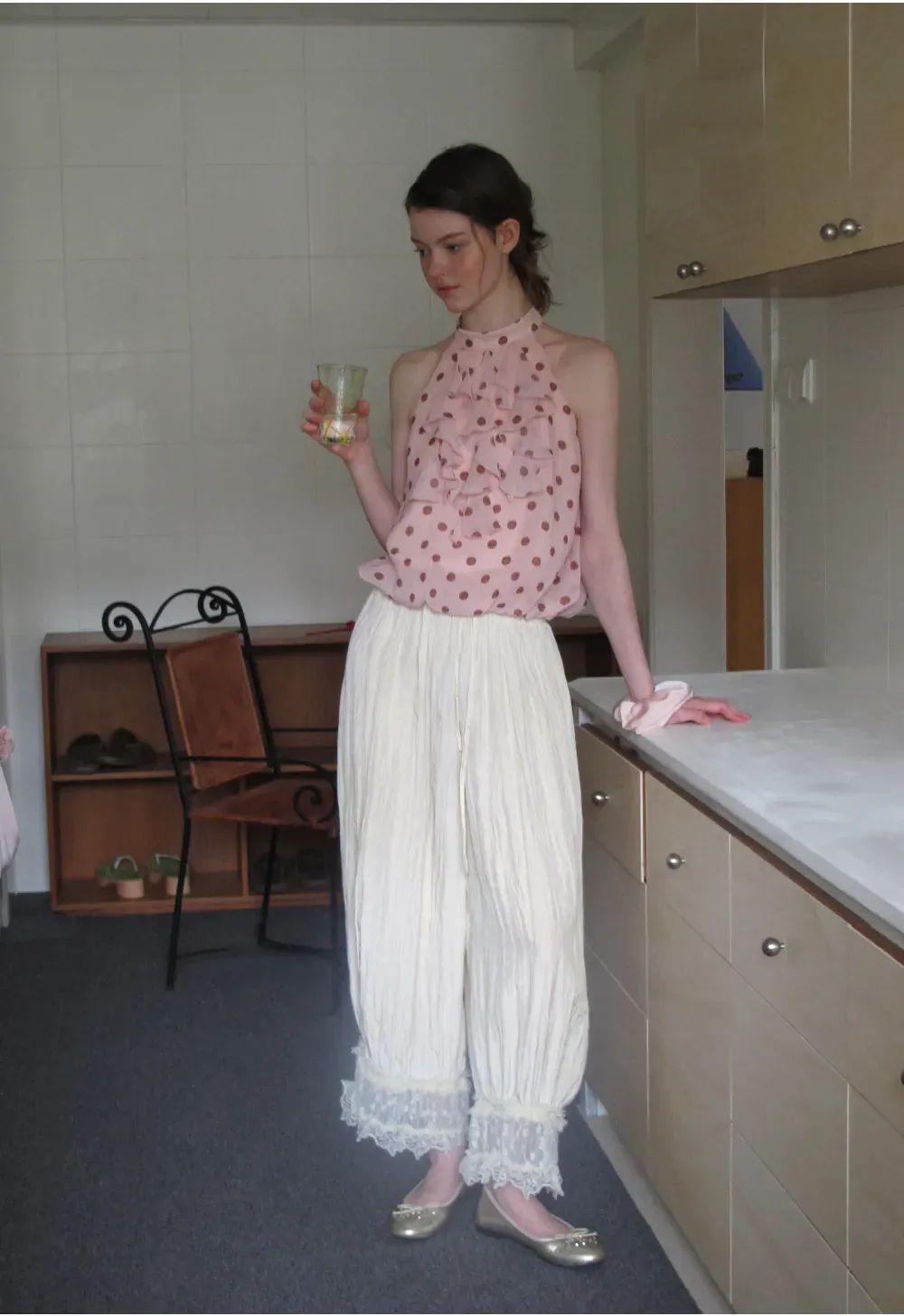 Lace Trimmed Pleated Wide Leg Casual Pants