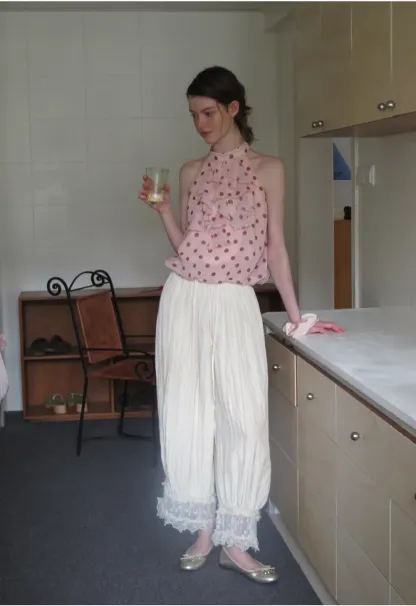 Lace Trimmed Pleated Wide Leg Casual Pants