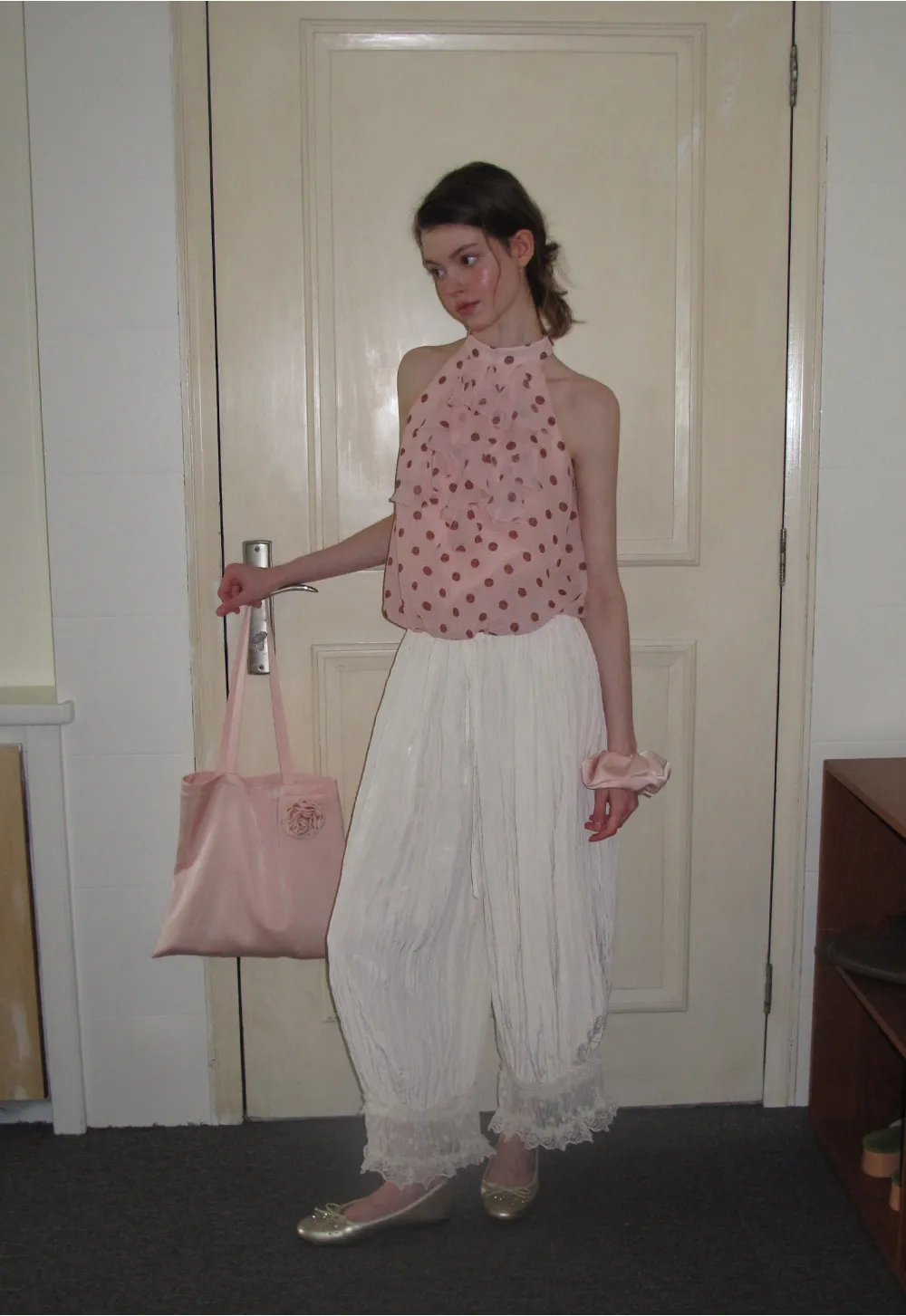 Lace Trimmed Pleated Wide Leg Casual Pants