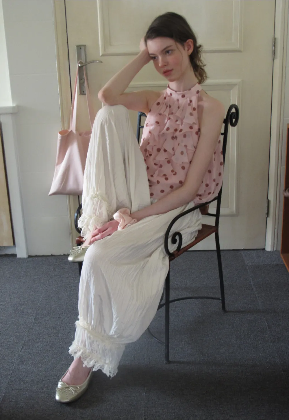 Lace Trimmed Pleated Wide Leg Casual Pants