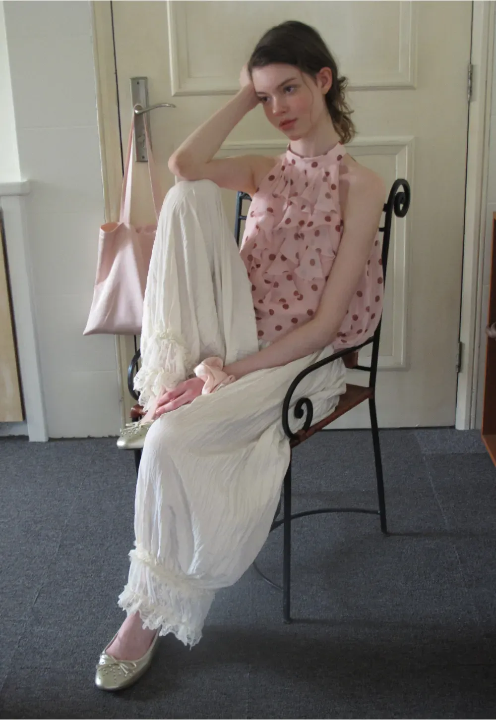 Lace Trimmed Pleated Wide Leg Casual Pants