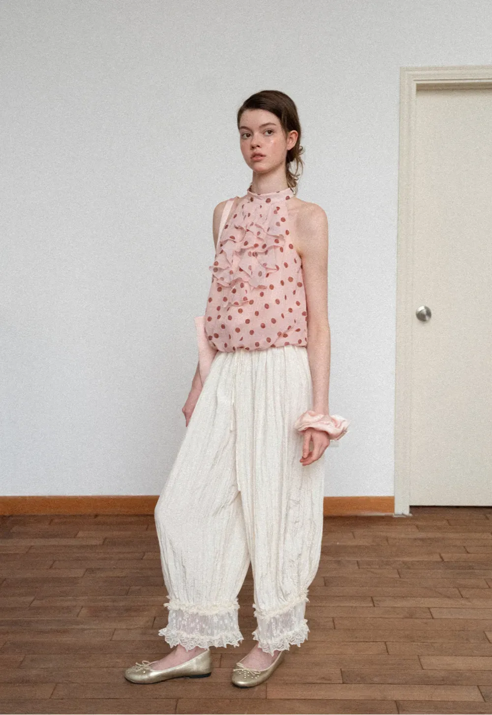 Lace Trimmed Pleated Wide Leg Casual Pants