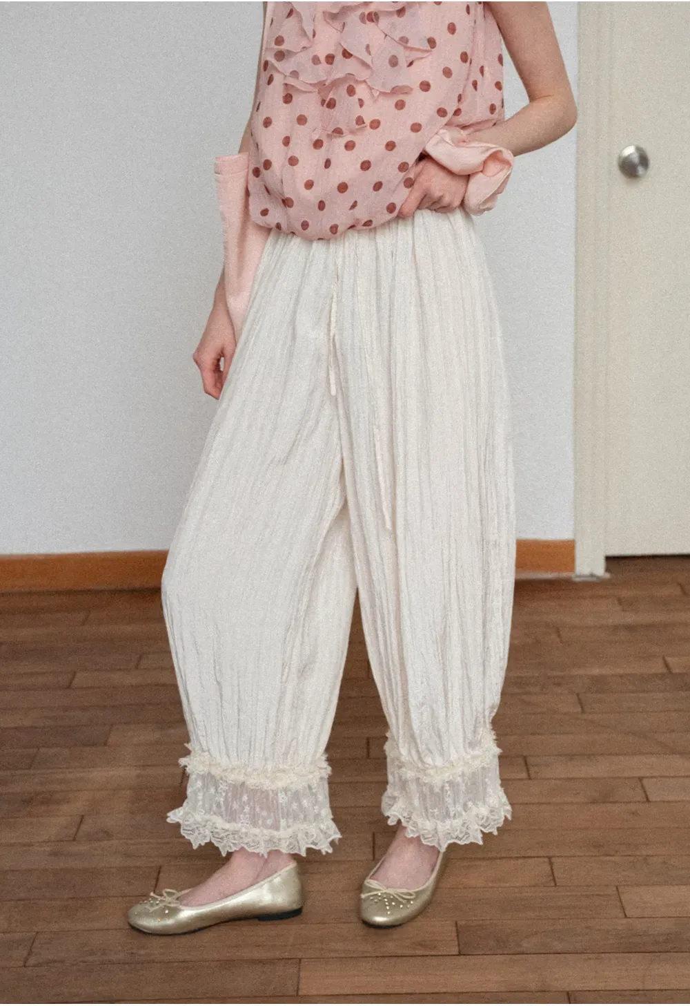 Lace Trimmed Pleated Wide Leg Casual Pants