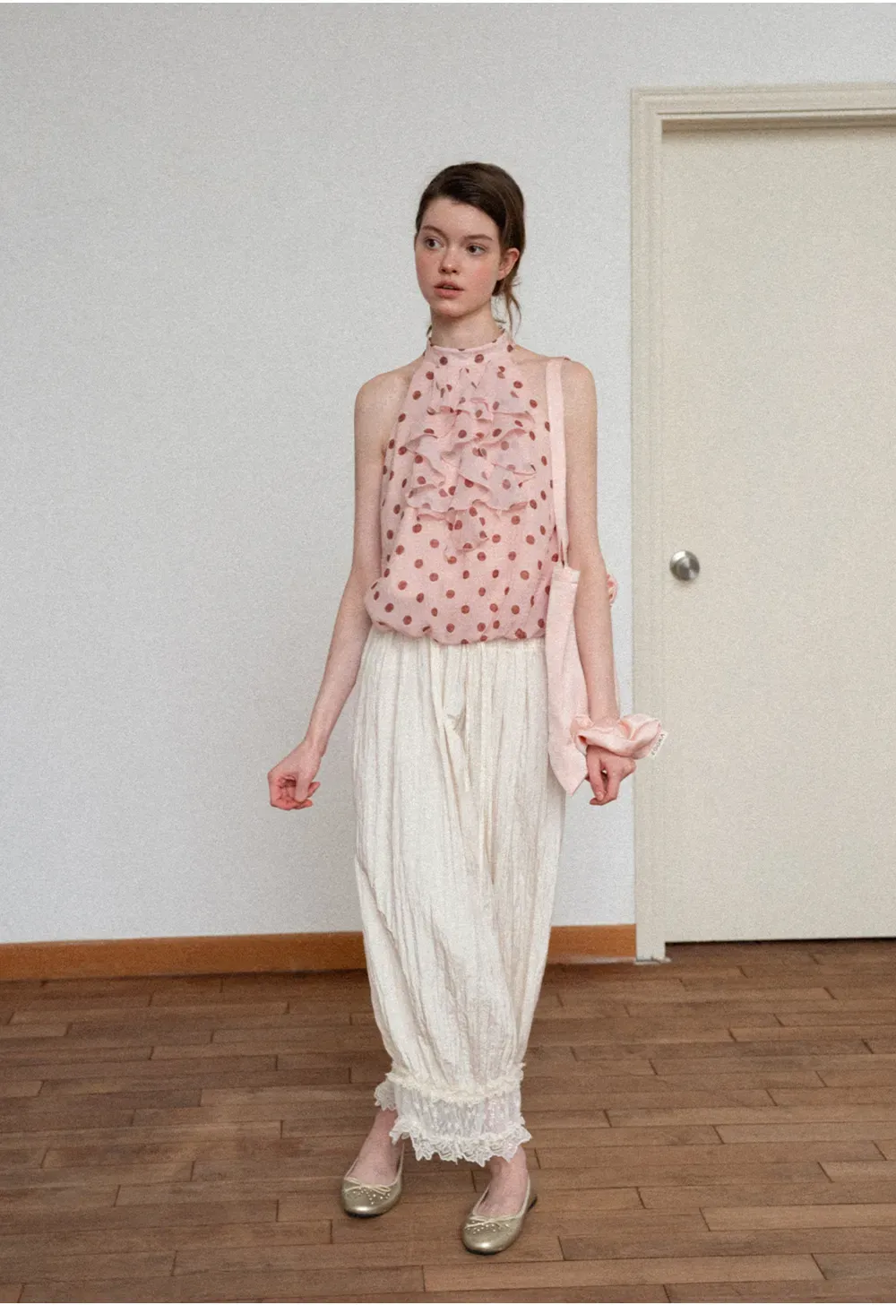 Lace Trimmed Pleated Wide Leg Casual Pants