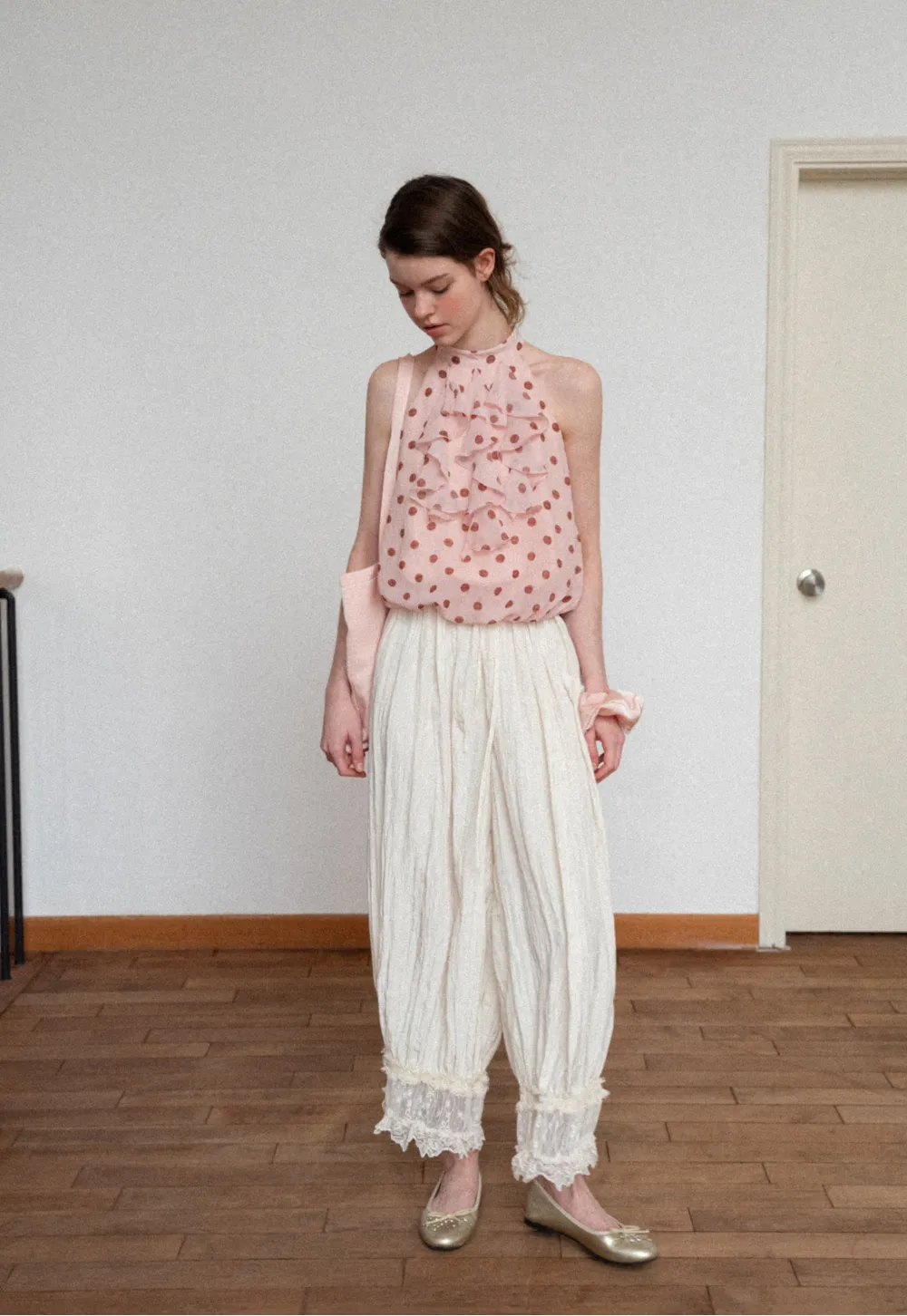 Lace Trimmed Pleated Wide Leg Casual Pants