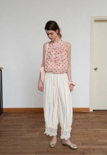 Lace Trimmed Pleated Wide Leg Casual Pants