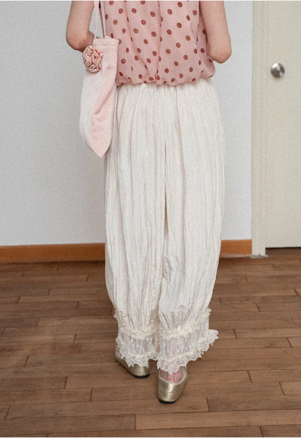 Lace Trimmed Pleated Wide Leg Casual Pants