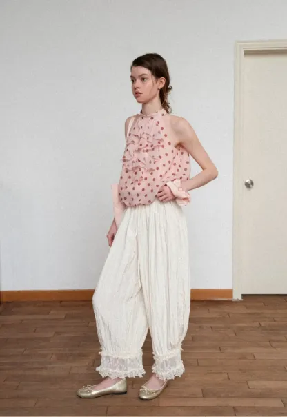 Lace Trimmed Pleated Wide Leg Casual Pants