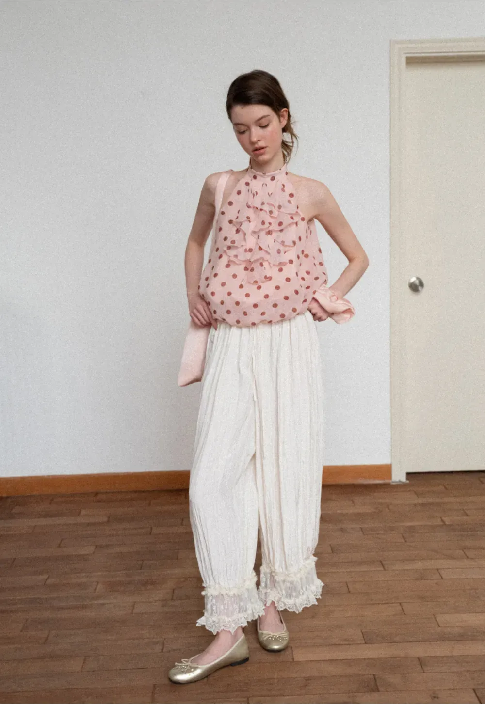 Lace Trimmed Pleated Wide Leg Casual Pants
