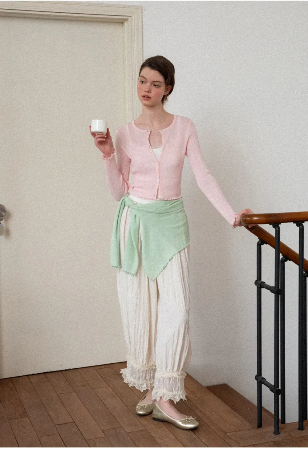 Lace Trimmed Pleated Wide Leg Casual Pants