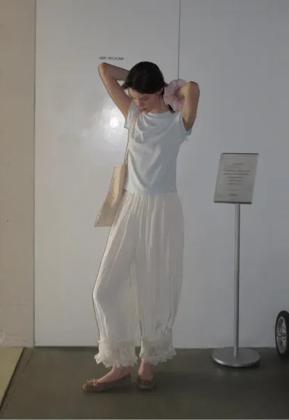 Lace Trimmed Pleated Wide Leg Casual Pants