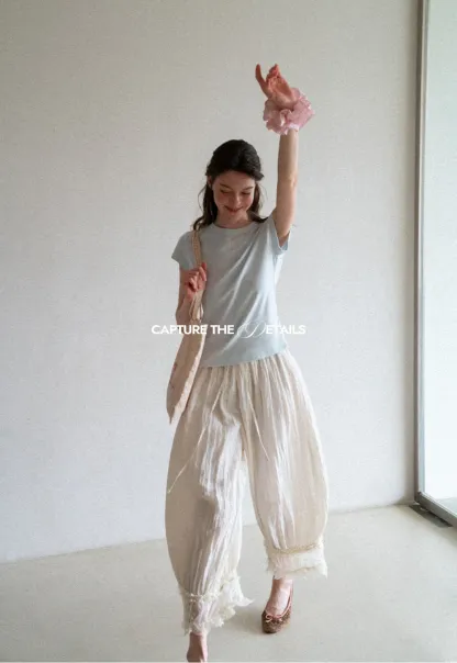 Lace Trimmed Pleated Wide Leg Casual Pants