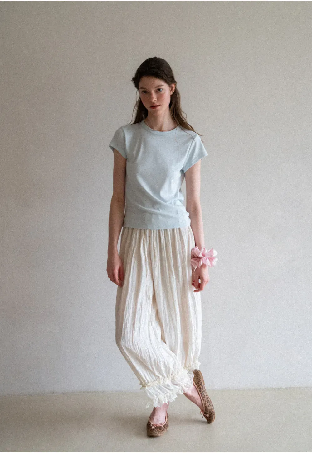 Lace Trimmed Pleated Wide Leg Casual Pants