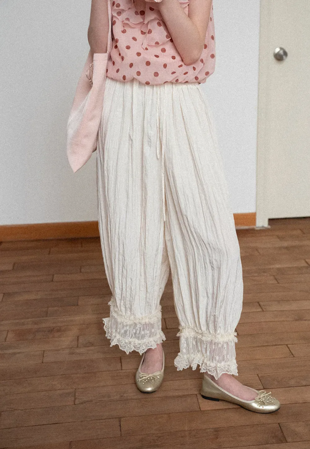 Lace Trimmed Pleated Wide Leg Casual Pants
